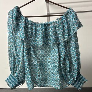 Alice + Olivia Blue Floral Off-Shoulder Blouse